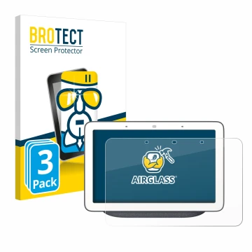 Front side of a product packaging with the brand logo BROTECT. Next to it is the device Google Home Hub shown with the corresp