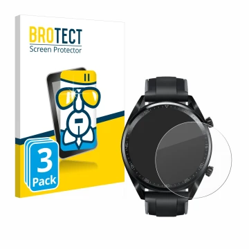 Front side of a product packaging with the brand logo BROTECT. Next to it is the device Huawei Watch GT (46 mm) 2018 shown wit