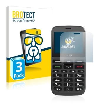 Front side of a product packaging with the brand logo BROTECT. Next to it is the device Doro 1370 shown with the corresponding