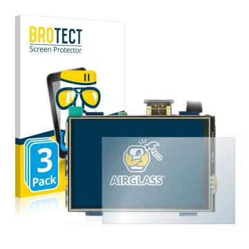 Front side of a product packaging with the brand logo BROTECT. Next to it is the device Raspberry Pi Touchscreen (3.5