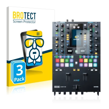 Front side of a product packaging with the brand logo BROTECT. Next to it is the device Rane Seventy-Two shown with the corres
