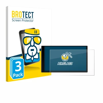 Front side of a product packaging with the brand logo BROTECT. Next to it is the device Garmin DriveTrack 71 shown with the co