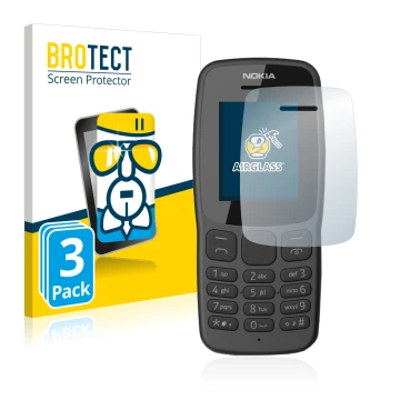 Front side of a product packaging with the brand logo BROTECT. Next to it is the device Nokia 106 2018 shown with the correspo