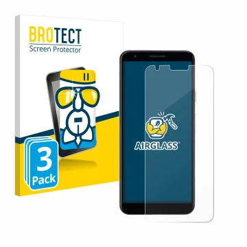 Front side of a product packaging with the brand logo BROTECT. Next to it is the device Google Pixel 3a shown with the corresp