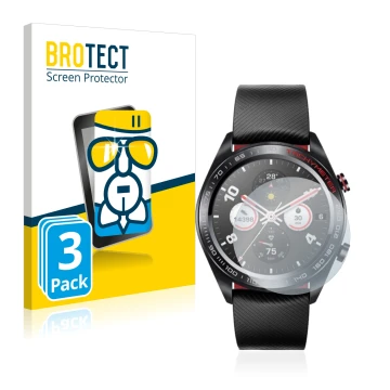 Front side of a product packaging with the brand logo BROTECT. Next to it is the device Honor Watch Magic shown with the corre