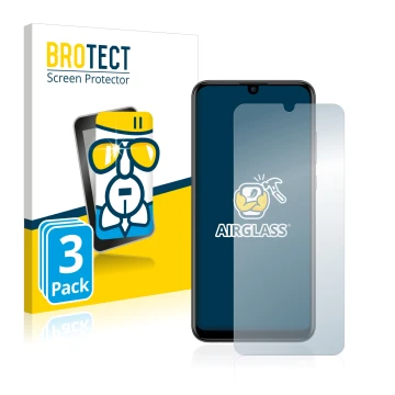 Front side of a product packaging with the brand logo BROTECT. Next to it is the device Huawei P smart 2019 shown with the cor
