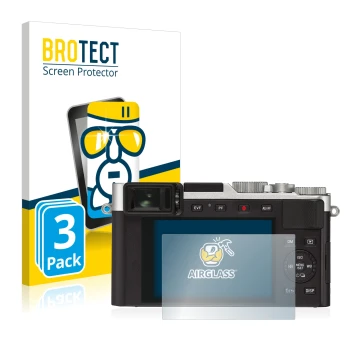 Front side of a product packaging with the brand logo BROTECT. Next to it is the device Leica D-Lux 7 shown with the correspon