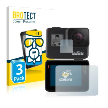 Front side of a product packaging with the brand logo BROTECT. Next to it is the device GoPro Hero 7 Black shown with the corr