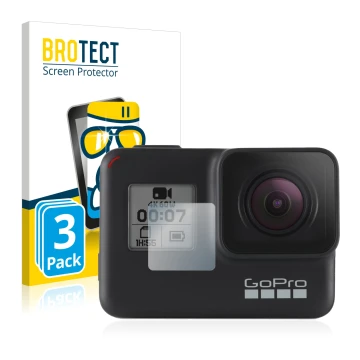 Front side of a product packaging with the brand logo BROTECT. Next to it is the device GoPro Hero 7 Black (Front display) sho