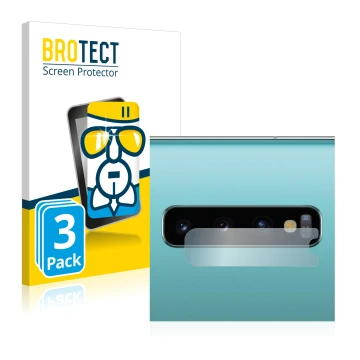 Front side of a product packaging with the brand logo BROTECT. Next to it is the device Samsung Galaxy S10 Plus (ONLY Camera L