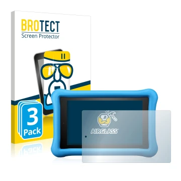 Front side of a product packaging with the brand logo BROTECT. Next to it is the device Amazon Fire HD 8 Kids Edition 2018 (8t