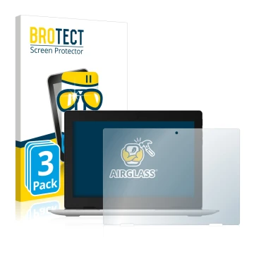 Front side of a product packaging with the brand logo BROTECT. Next to it is the device Lenovo IdeaPad D330 shown with the cor