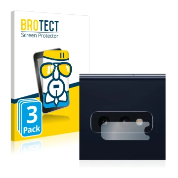 Front side of a product packaging with the brand logo BROTECT. Next to it is the device Samsung Galaxy S10e (ONLY Camera Lens)
