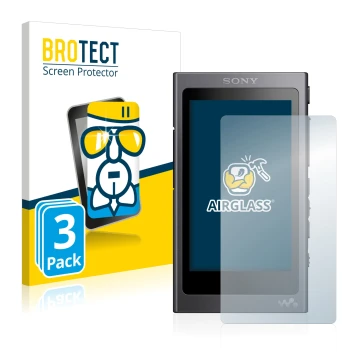 Front side of a product packaging with the brand logo BROTECT. Next to it is the device Sony Walkman A40 shown with the corres