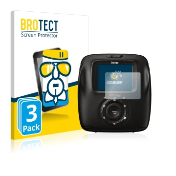Front side of a product packaging with the brand logo BROTECT. Next to it is the device Fujifilm Instax Square SQ20 shown with