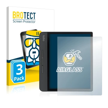 Front side of a product packaging with the brand logo BROTECT. Next to it is the device Kobo Forma shown with the correspondin