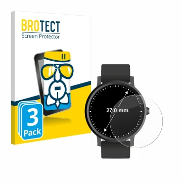 Front side of a product packaging with the brand logo BROTECT. Next to it is the device Circular Displays (ø: 27 mm) shown wit