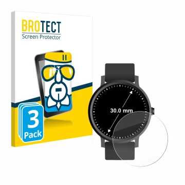 Front side of a product packaging with the brand logo BROTECT. Next to it is the device Circular Displays (ø: 30 mm) shown wit
