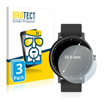 Front side of a product packaging with the brand logo BROTECT. Next to it is the device Circular Displays (ø: 33 mm) shown wit