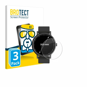 Front side of a product packaging with the brand logo BROTECT. Next to it is the device Circular Displays (ø: 35 mm) shown wit