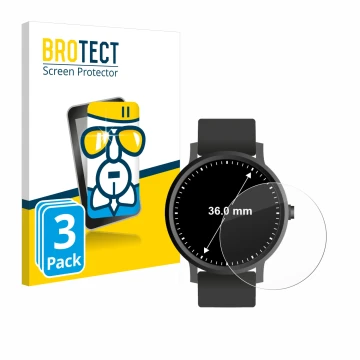 Front side of a product packaging with the brand logo BROTECT. Next to it is the device Circular Displays (ø: 36 mm) shown wit