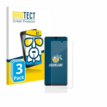 Front side of a product packaging with the brand logo BROTECT. Next to it is the device Huawei P30 shown with the correspondin