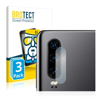 Front side of a product packaging with the brand logo BROTECT. Next to it is the device Huawei P30 (ONLY Camera Lens) shown wi