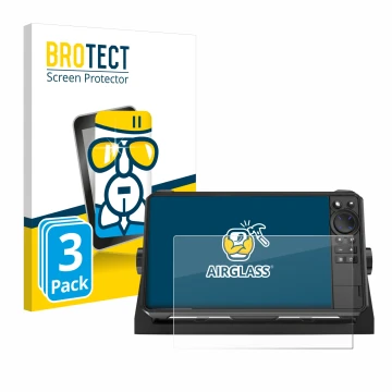Front side of a product packaging with the brand logo BROTECT. Next to it is the device Lowrance HDS 9 Live Echolot shown with