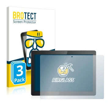 Front side of a product packaging with the brand logo BROTECT. Next to it is the device Lenovo Tab M10 TB-X605F shown with the