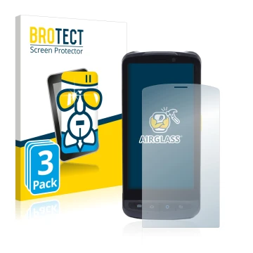 Front side of a product packaging with the brand logo BROTECT. Next to it is the device Newland MT90 Orca shown with the corre