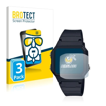 Front side of a product packaging with the brand logo BROTECT. Next to it is the device Casio Unisex A168WA-1YES shown with th