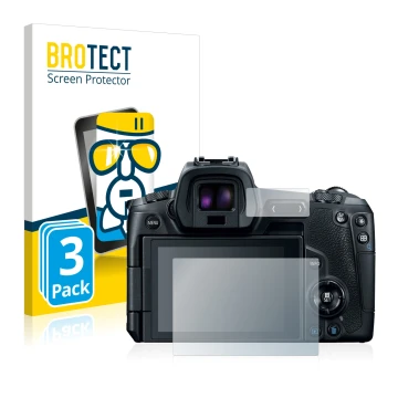 Front side of a product packaging with the brand logo BROTECT. Next to it is the device Canon EOS R shown with the correspondi