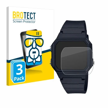 Front side of a product packaging with the brand logo BROTECT. Next to it is the device Casio Unisex F-91W shown with the corr
