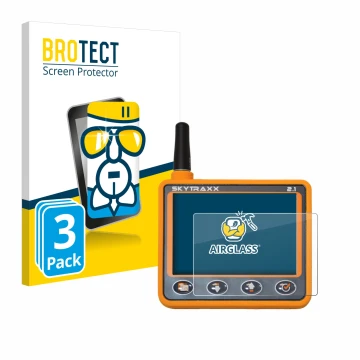Front side of a product packaging with the brand logo BROTECT. Next to it is the device Skytraxx 2.1 Vario shown with the corr