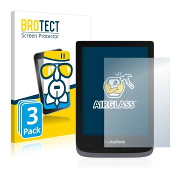 Front side of a product packaging with the brand logo BROTECT. Next to it is the device PocketBook Touch HD 3 shown with the c