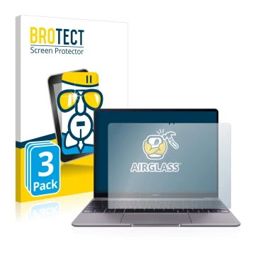 Front side of a product packaging with the brand logo BROTECT. Next to it is the device Huawei MateBook 13 2019 shown with the