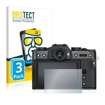 Front side of a product packaging with the brand logo BROTECT. Next to it is the device Fujifilm X-T30 shown with the correspo