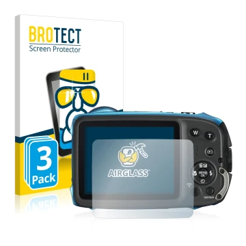 Front side of a product packaging with the brand logo BROTECT. Next to it is the device Fujifilm FinePix XP140 shown with the 
