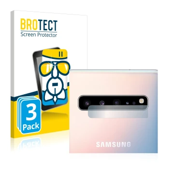 Front side of a product packaging with the brand logo BROTECT. Next to it is the device Samsung Galaxy S10 5G (ONLY Camera Len