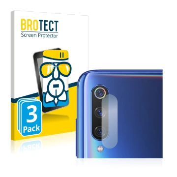 Front side of a product packaging with the brand logo BROTECT. Next to it is the device Xiaomi Mi 9 (ONLY Camera Lens) shown w