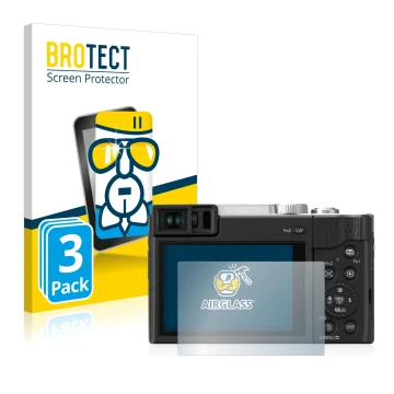 Front side of a product packaging with the brand logo BROTECT. Next to it is the device Panasonic Lumix DC-TZ96 shown with the