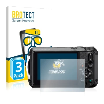 Front side of a product packaging with the brand logo BROTECT. Next to it is the device Ricoh WG-6 shown with the correspondin