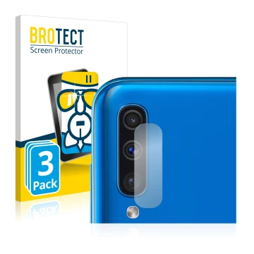Front side of a product packaging with the brand logo BROTECT. Next to it is the device Samsung Galaxy A50 (ONLY Camera Lens) 