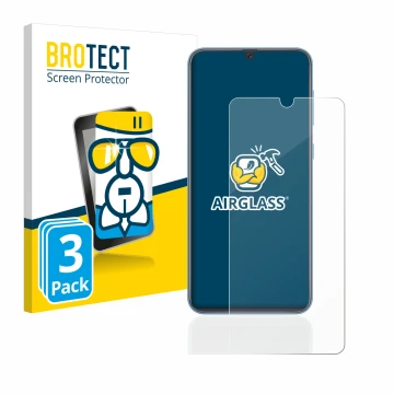 Front side of a product packaging with the brand logo BROTECT. Next to it is the device Samsung Galaxy A40 shown with the corr