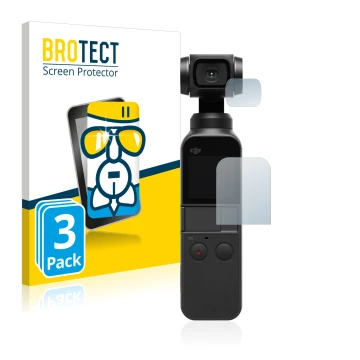 Front side of a product packaging with the brand logo BROTECT. Next to it is the device DJI Osmo Pocket (Display + Lens) shown