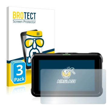 Front side of a product packaging with the brand logo BROTECT. Next to it is the device Atomos Shinobi shown with the correspo
