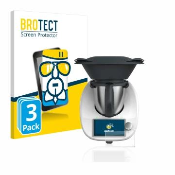 Front side of a product packaging with the brand logo BROTECT. Next to it is the device Vorwerk Thermomix TM6 shown with the c