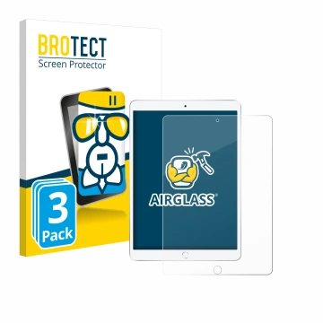 Front side of a product packaging with the brand logo BROTECT. Next to it is the device Apple iPad Air 2019 (3th Gen.) shown w