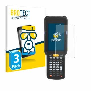 Front side of a product packaging with the brand logo BROTECT. Next to it is the device Zebra MC330 shown with the correspondi