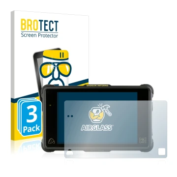 Front side of a product packaging with the brand logo BROTECT. Next to it is the device Atomos Shogun Inferno shown with the c